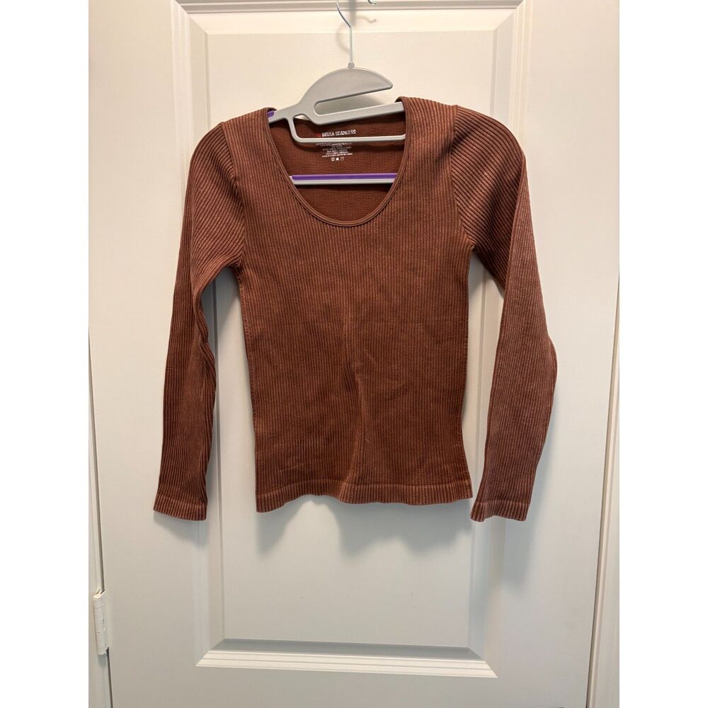 Bella Seamless Brown Ribbed Scoop Neck Long Sleeve Stretch Top Size S - Picture 2 of 5